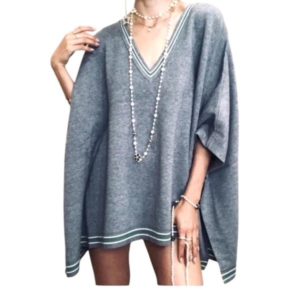 House of Harlow 1960 “NEW” Gray Green Varsity Stripe Trim Preppy Poncho One Size